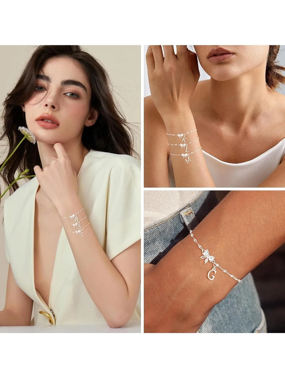 Initial Silver Anklet with Crystal Flower Charm MANY LETTERS AVAILABLE